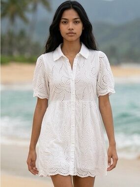 Morrisday the Label 100% Cotton White Bow Lace Eyelet Coquettegirl Mini Dress -L